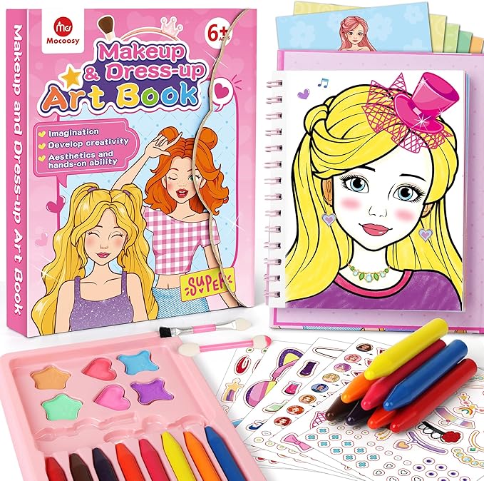 Mocoosy Makeup Craft Kit for Girls Ages 6-8, Pretend Makeup Coloring Activity Book with Stickers, Fashion Designer Kit for Girls Art & Craft, Travel Game Road Trip Toy Gift for Girl 5 6 7 8 Years Old