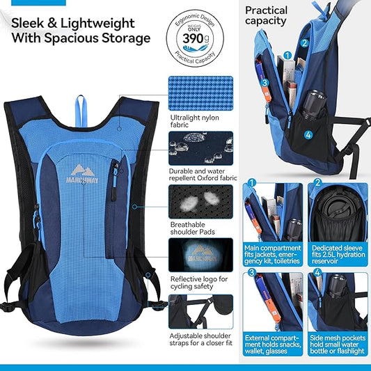 MARCHWAY Lightweight Hydration Backpack with Vest Style Straps & 2.5L TPU Water Bladder, Versatile Sleek Multi-Pocket Pack for Hiking, Cycling, Running, Backpacking, Travel
