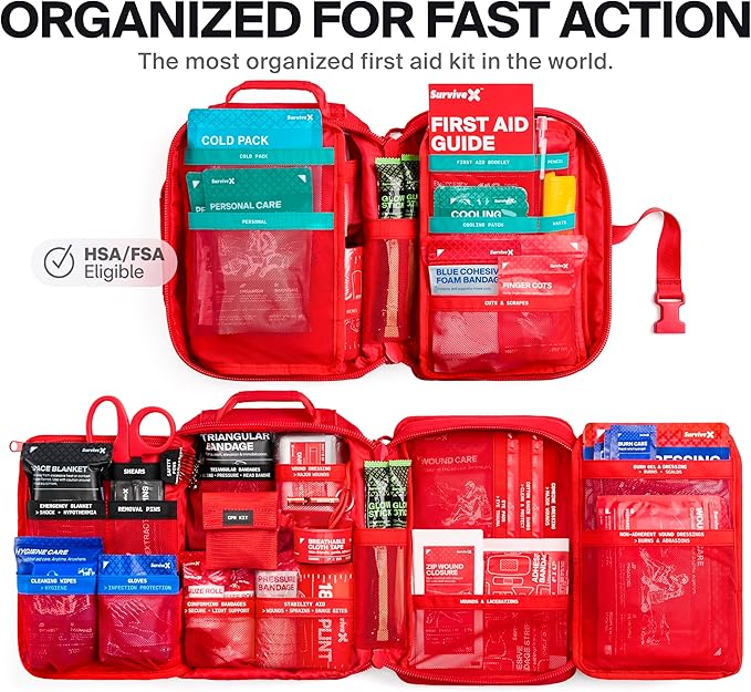 Large Pro First Aid Kit for Car, Travel & Home - Emergency Kit for Hiking, Camping, Backpacking and Outdoors - Includes Zip Stitch Wound Closure Strips