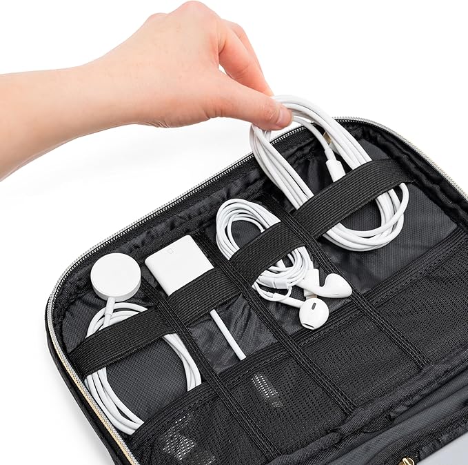Pavilia Tech Organizer Case - Electronic & Cable Organizer, Small Charger Pouch, Black Quilted Travel Accessory