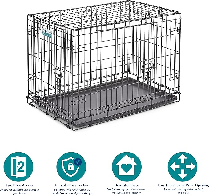 MidWest Homes for Pets 30-Inch Two-Door iCrate Folding Dog Crate with Divider Panel, Leak-Proof Tray & Secure Latches – Metal Wire Kennel for Medium Breeds – Portable, Durable & Easy to Assemble