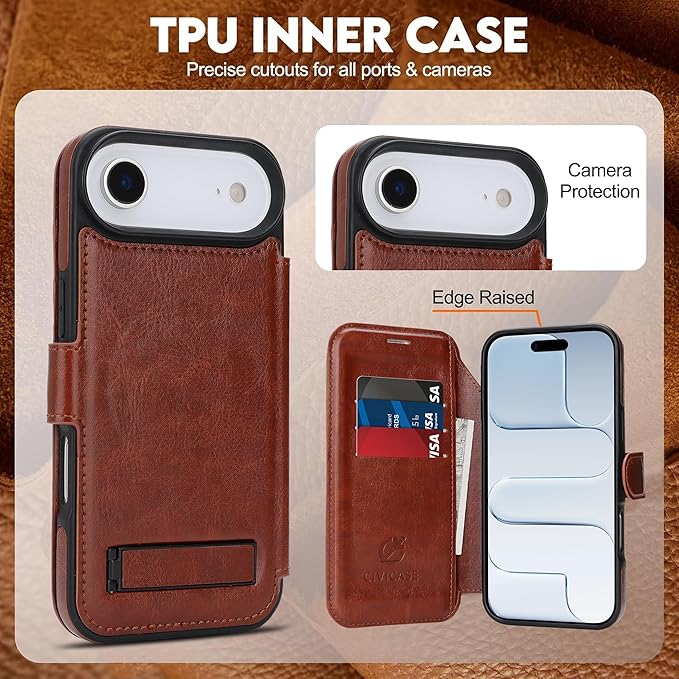 CIVICASE for iPhone Air Wallet Case with Stand,PU Leather Flip Credit Card Holder Slots (RFID Blocking),Compatible with Magsafe Magnetic Holder Phone Cover Women Men,Dark Brown