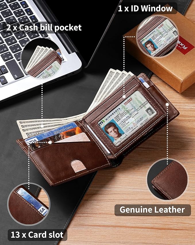 Artpaxy Mens Wallet Bifold Genuine Leather RFID Blocking Wallet for Men with 1 ID Windows 13 Card Holders 2 cash pockets 1 Gift Box