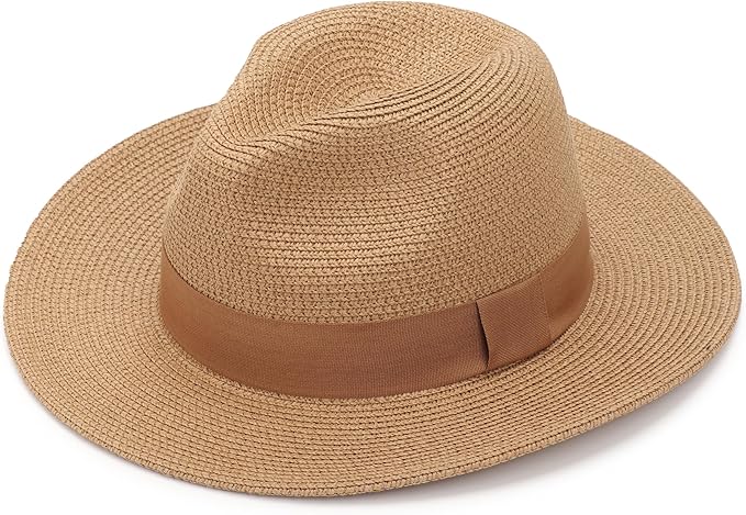 DRESHOW Women Straw Panama Hat Travel Fedora Beach Sun Hat Summer Wide Brim Straw Roll up Hat UPF 50+