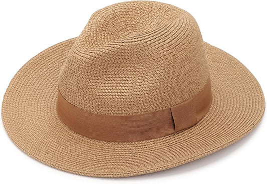 DRESHOW Women Straw Panama Hat Travel Fedora Beach Sun Hat Summer Wide Brim Straw Roll up Hat UPF 50+