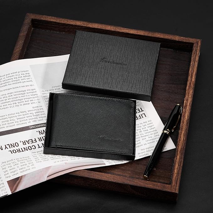 Travelambo Genuine Leather Wallet for Men with Gift Box - Handmade Bifold Stylish - Mens Wallets Rfid Blocking with 2 ID Windows