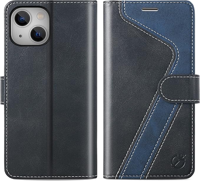 CIVICASE for iPhone 14 Plus Wallet Case,Leather Flip Case [RFID Blocking] Credit Card Holder Folio Magnetic Stand TPU Shockproof Cover Color Matching for iPhone 14 Plus (6.7") Black Blue