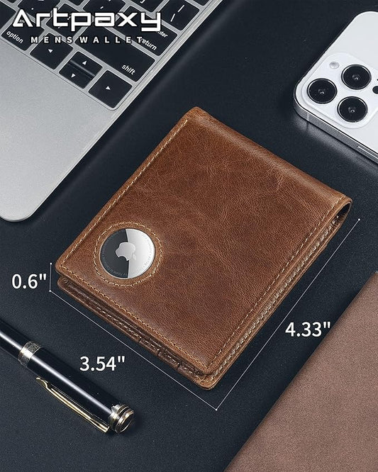 Mens Wallet With AirTag Holder, Bifold Leather RFID Blocking 1-2 ID Windows 12-13 Card Holders, Gift Box and Screen Protector Included, AirTag Not Included