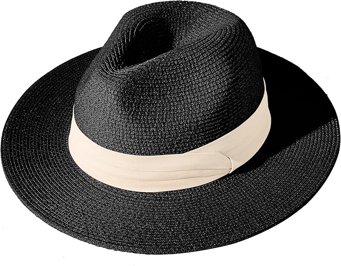 Lanzom Women Wide Brim Straw Panama Roll up Hat Fedora Beach Sun Hat UPF50+