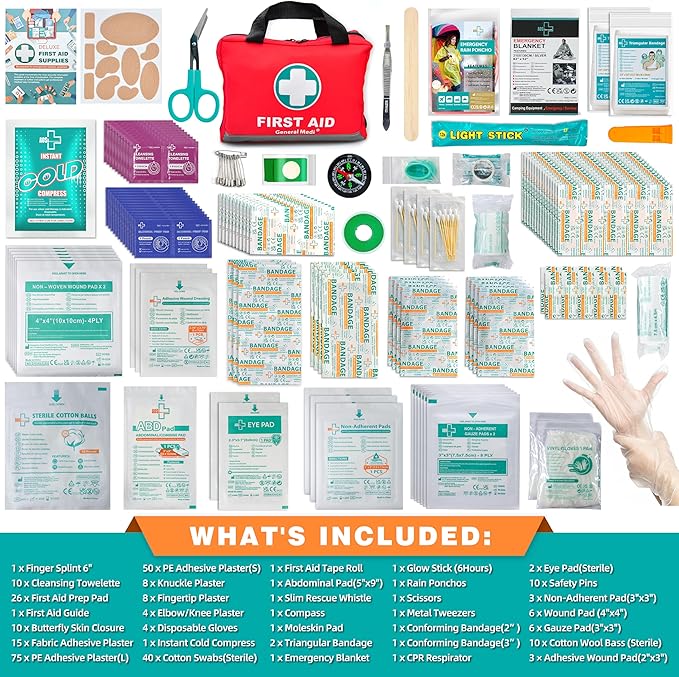 General Medi First Aid Kit -309 Pieces- Reflective Bag Design - Including Bandages, Moleskin Pad and Emergency Blanket for Travel, Home, Office, Car, Camping, Workplace