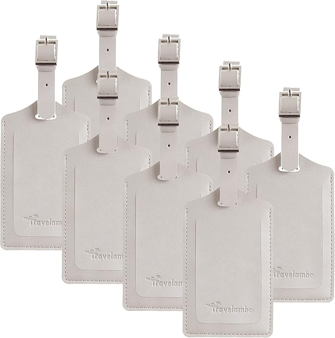 Travelambo 8 Pack Luggage Tags Faux Leather for Suitcases Travel Bag Labels Travel Accessories Essential with Protection Cover ID (Light Grey)