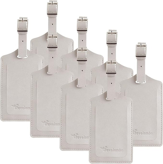 Travelambo 8 Pack Luggage Tags Faux Leather for Suitcases Travel Bag Labels Travel Accessories Essential with Protection Cover ID (Light Grey)