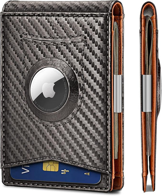 KS Mens Wallet Gift Airtag or Standard Use,Slim Front Pocket Leather Wallet Money Clip 11 cards RFID Blocking