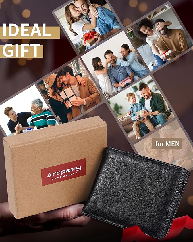 Artpaxy Mens Wallet Bifold Genuine Leather RFID Blocking Wallet for Men with 1 ID Windows 13 Card Holders 2 cash pockets 1 Gift Box