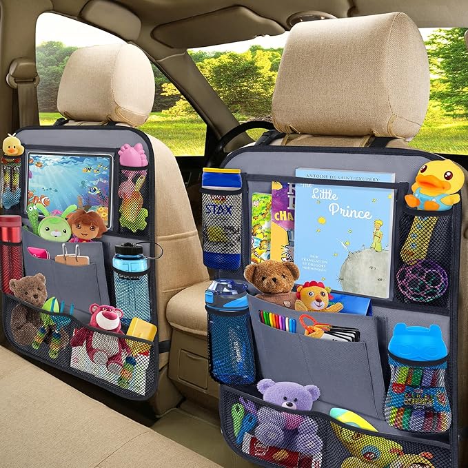 Car Backseat Organizer with 11" Table Holder, 10 Storage Pockets Seat Back Protectors Kick Mats for Kids Toddlers, Travel Accessories, 2 Pack, Gray