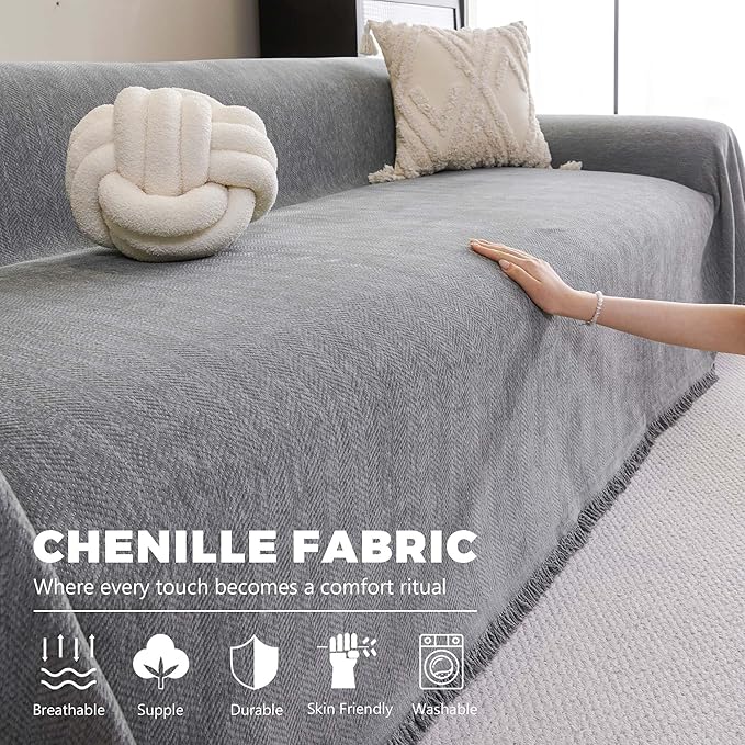 Chenille Couch Cover for 3 Cushion Sofa Pet Friendly Furniture Covers, Boho Sofa Covers Washable L Shape 3 Seater Couch Cover, 71"x 134", Grey