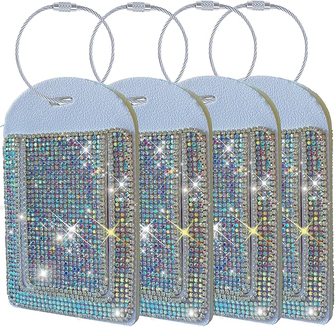 Glittering Silver Diamond Luggage Tag - Sparkling Rhinestone, Bling Baggage Identifier for Suitcases & Handbags & Backpack - Stylish Travel Accessory, 4 Pcs