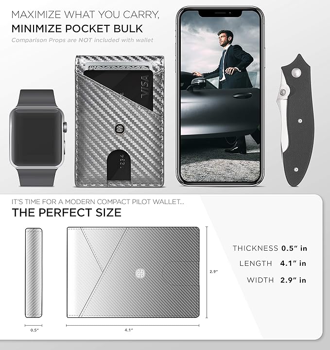 Suavell Slim Wallets for Men. RFID Money Clip Wallet, Slim Wallet, Thin Front Pocket Credit Card Wallet, Minimalist Bifold (Metallic Gray Pilot)