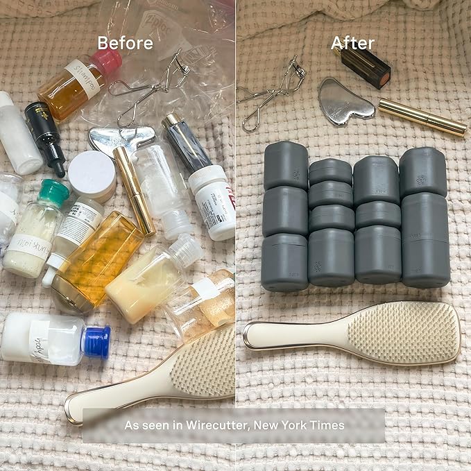 Cadence Travel Containers - Daily Routine Capsule Set - Magnetic Containers with Lids,4 Flex Mediums (1.32oz) & 3 Flex Smalls (0.56oz) - Shampoo, Conditioner, Body Wash, Pills, & More - Charcoal