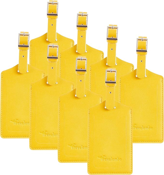 Travelambo 8 Pack Luggage Tags Faux Leather for Suitcases Travel Bag Labels Travel Accessories Essential with Protection Cover ID (Yellow)