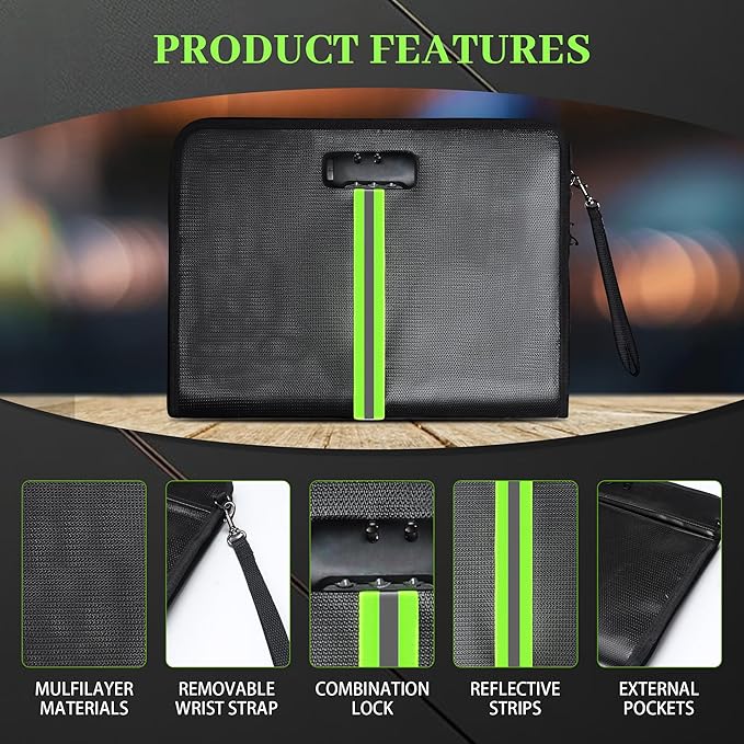 5200℉ Fireproof Document Bag, Fireproof Bag with Lock, Fireproof Document Organizer, Safes for Home Use Fire and Water Proof with Heat Insulated for Cash, Valuables, Documents-Black