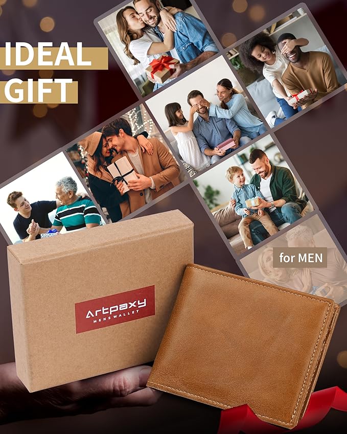 Artpaxy Mens Wallet Bifold Genuine Leather RFID Blocking Wallet for Men with 1 ID Windows 13 Card Holders 2 cash pockets 1 Gift Box