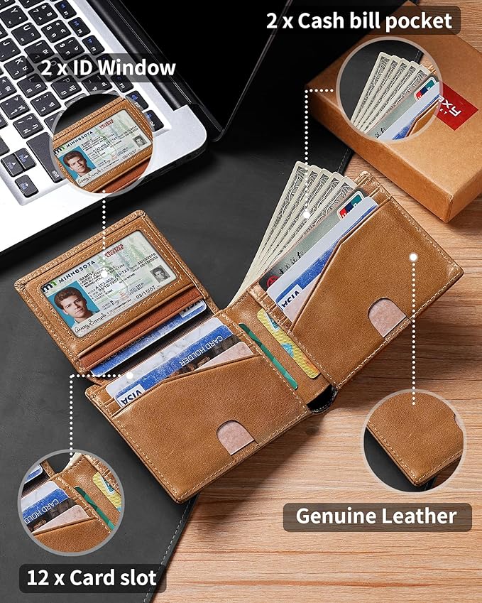 Artpaxy Mens Wallet Bifold Genuine Leather RFID Blocking Wallet for Men with 2 ID Windows 12 Card Holders 2 cash pockets 1 Gift Box