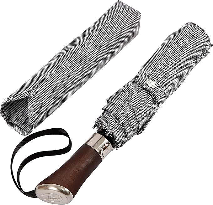 Balios (Designed in UK) Travel Umbrella Luxurious Golden Hardwood Handle Auto Open & Close Windproof Frame Single Canopy Automatic Folding Umbrella Men's & Ladies