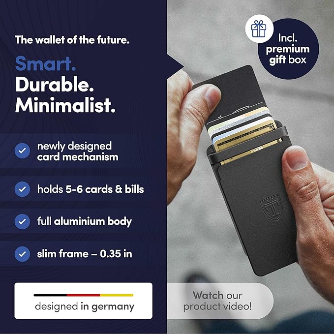 TRAVANDO SLYDE Aluminum Card Holder - RFID Blocking Slim Wallet for Men with Money Clip – Holds Up to 6 Cards – RFID Protected Credit Card Mens Wallet (Black)