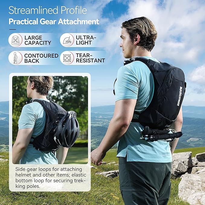 MARCHWAY Ultralight Hydration Backpack with 3L TPU Water Bladder, Sleek High-Capacity Day Pack for Cycling, Hiking, Running, Backpacking, Travel