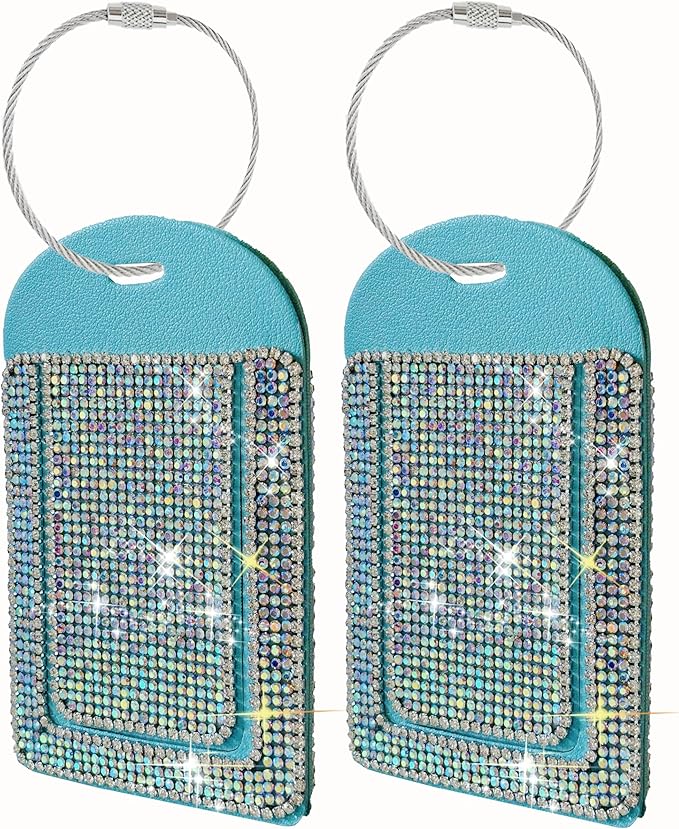 Blue Luggage Tags for Women's Suitcases Cute Bling Diamond Laether Travel Tags for Cruise and Travel Essentials-2 Packs