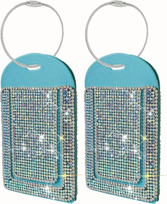 Blue Luggage Tags for Women's Suitcases Cute Bling Diamond Laether Travel Tags for Cruise and Travel Essentials-2 Packs