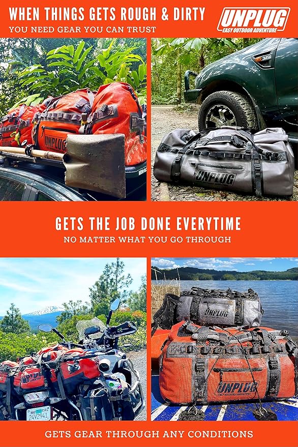 UNPLUG Ultimate Adventure Bag | 1680D Heavy Duty Waterproof Bag | Large Travel Duffle Bag which can be Used for Camping, Motorcycling, Boating, or Hunting