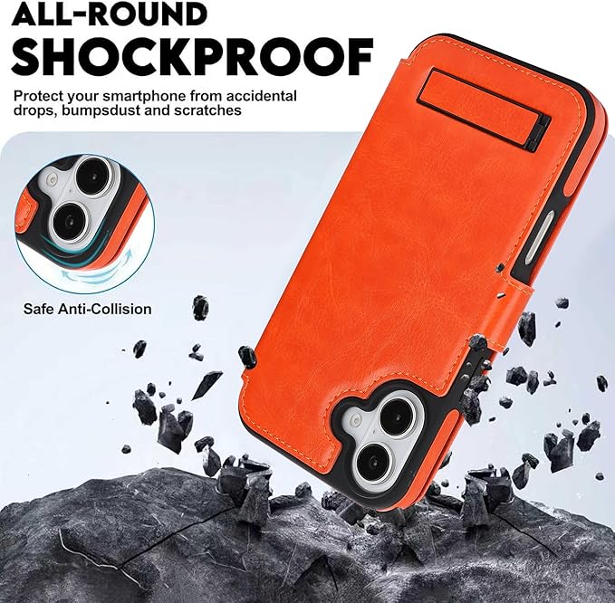 CIVICASE for iPhone 17 Wallet Case with Stand,PU Leather Flip Credit Card Holder Slots (RFID Blocking),Compatible with Magsafe Magnetic Holder Phone Cover Women Men,Orange