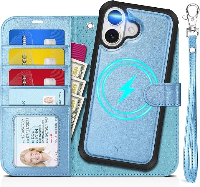 TUCCH Removable Case Wallet for iPhone 17 (6.3") 2025, Detachable Wrist Strap, Wireless Charging, Stand, 4 Card Holders RFID Blocking, 2-in-1 Magnetic, PU Leather Shockproof Cover, Pearly Light Blue