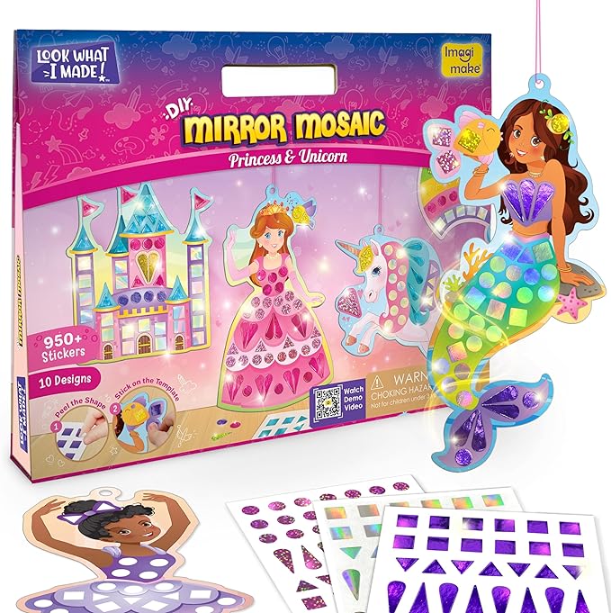 Imagimake Mirror Mosaic Princess & Unicorn Kids Art Set | DIY Craft Kit | Foil Stickers for Kids | Travel Toys | Christmas Activities for Girls 3-5-8 | Christmas Gift Ideas for Girls Ages 3,4,5,6,7,8