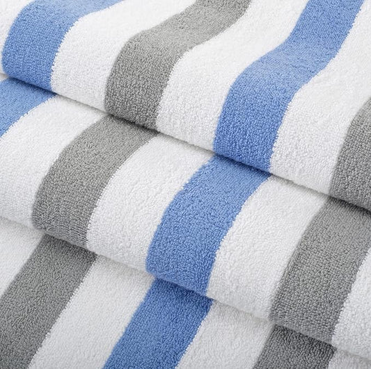 Arkwright Cabo Cabana Stripe Beach Towel - Pack of 4 - Large Soft Quick Dry Cotton Terry Towels for Pool, Swim, and Hot Tub, Oversized 30 x 70 in, Cornflower Blue/Grey