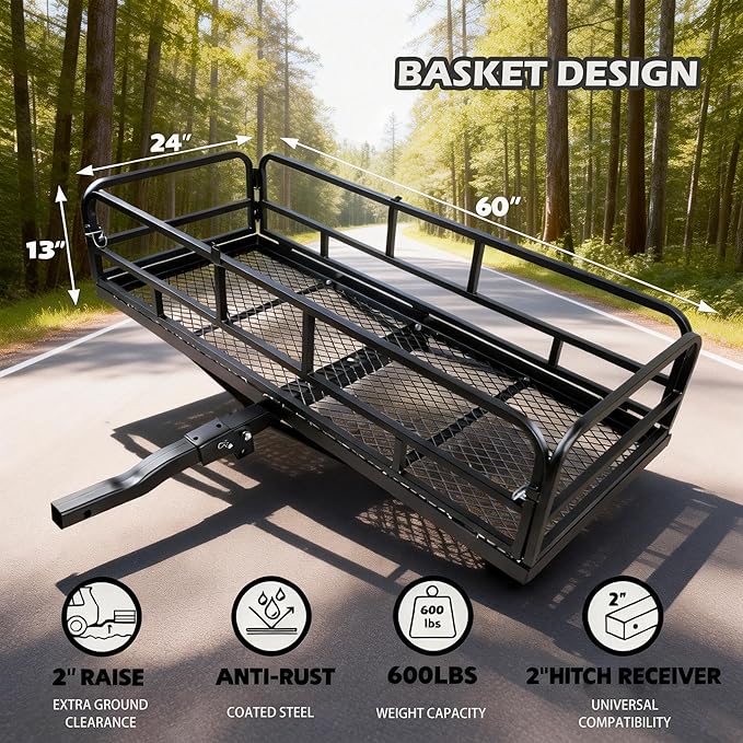 fouwick lugglage Basket 60x24x13 inches, Folds Flat, 600 Lbs Heavy Duty Hitch Cargo Basket Black，Luggage Storage (60x24x13 inch)