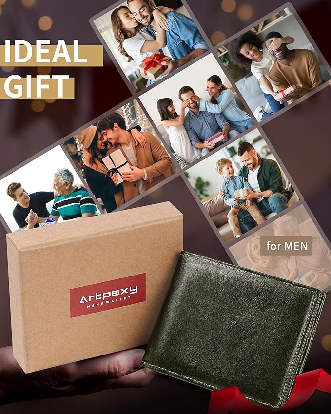 Artpaxy Mens Wallet Bifold Genuine Leather RFID Blocking Wallet for Men with 2 ID Windows 12 Card Holders 2 cash pockets 1 Gift Box