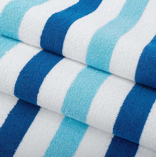Arkwright Cabo Cabana Stripe Beach Towel Bulk - Case of 24 - Large Soft Quick Dry Cotton Terry Towels for Pool, Swim, and Hot Tub, Oversized 30 x 70 in, Tropical Breeze/Skydive Blue