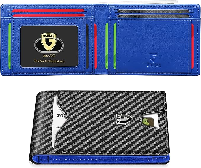 GSOIAX Mens Slim Wallet for Men Minimalist Genuine Leather Carbon Fiber Rfid Blocking Bifold Credit Card Holder With Gift Box (Blue and Carbon Black)