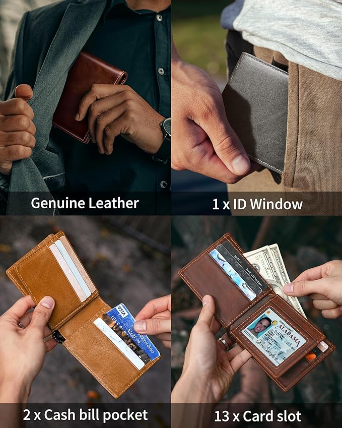 Artpaxy Mens Wallet Bifold Genuine Leather RFID Blocking Wallet for Men with 1 ID Windows 13 Card Holders 2 cash pockets 1 Gift Box