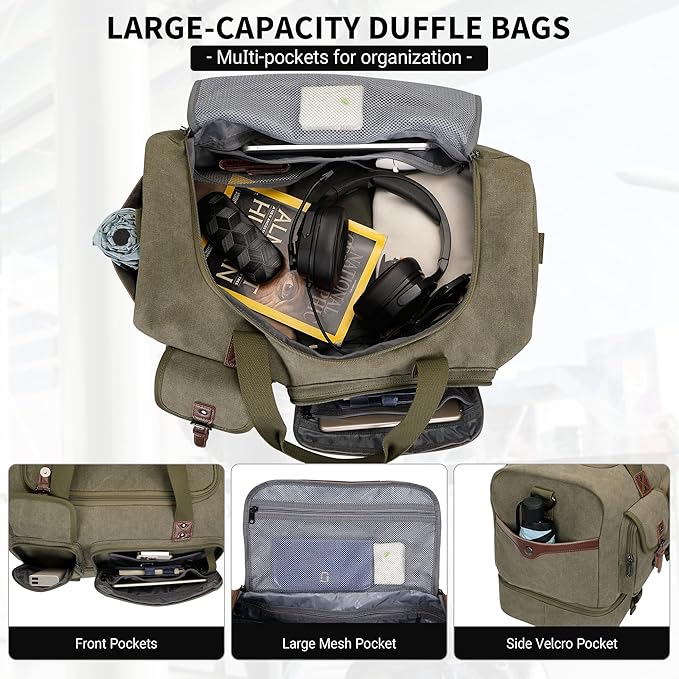 WITZMAN Canvas Weekender Bag Mens Overnight Bag for Traveling Carry on Duffle Bags with Shoes Compartment(A8010 Army Green)