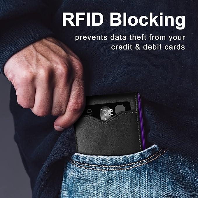 GSOIAX Mens Slim Wallet for Men Minimalist Genuine Leather Carbon Fiber Rfid Blocking Bifold Credit Card Holder With Gift Box (Black and Purple)