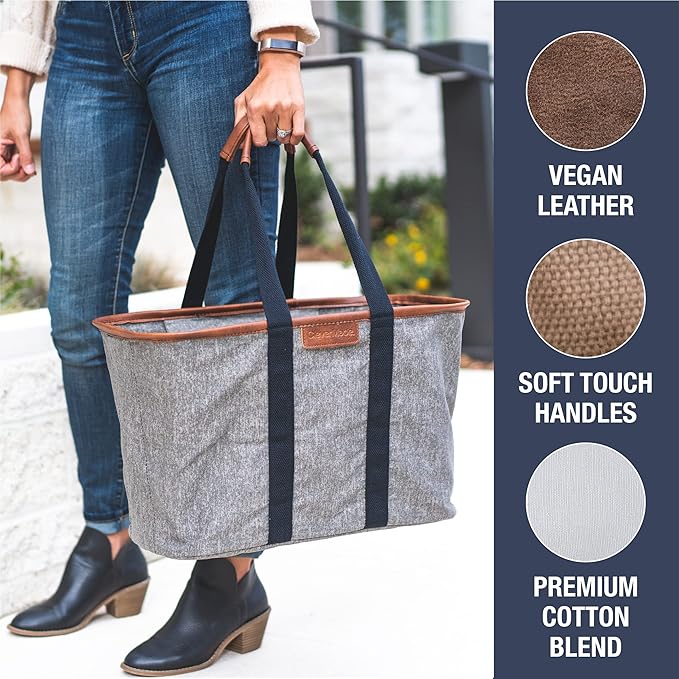 CleverMade EcoBasket Reusable Grocery Tote - Collapsible Storage Shopping Organizer - Heavy Duty Utility Bag Home