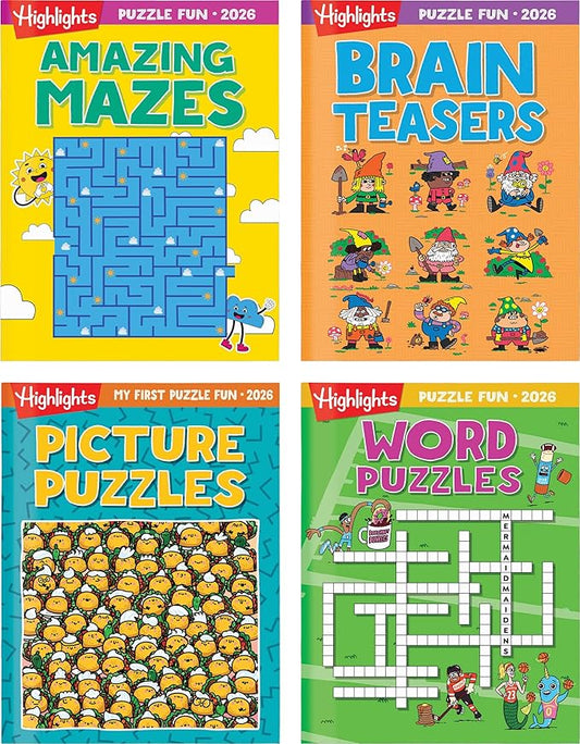 2026 Puzzle Fun Activity Book Gift Set for Kids 6 and Up, 4 Fun Books with Brain Teasers, Mazes, Word Games and More, Travel Activity and Puzzle Game Books for Kids