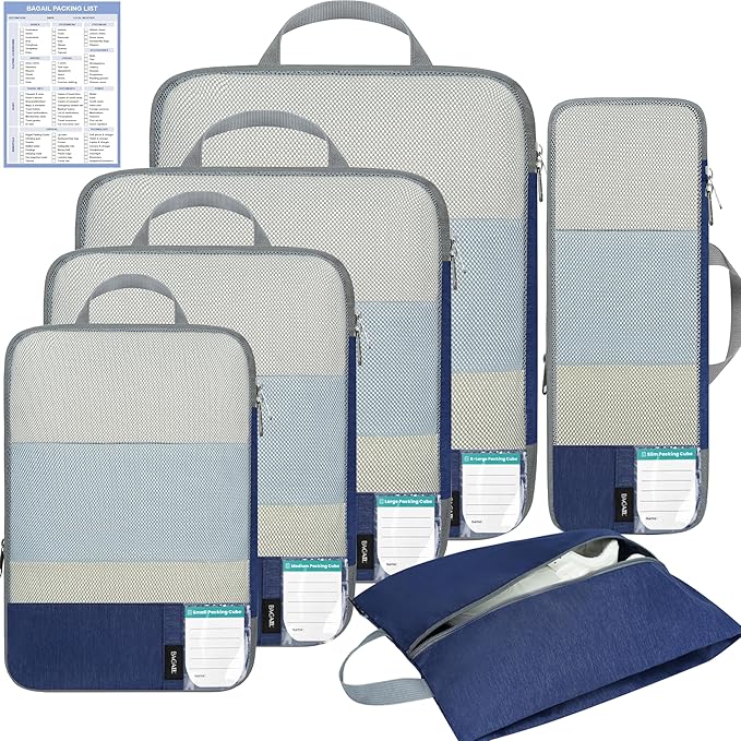 BAGAIL 6 Set/4 Set Lightweight Compression Packing Cubes with Packing List, Anti-Tearing Expandable Organizer Bags for Travel
