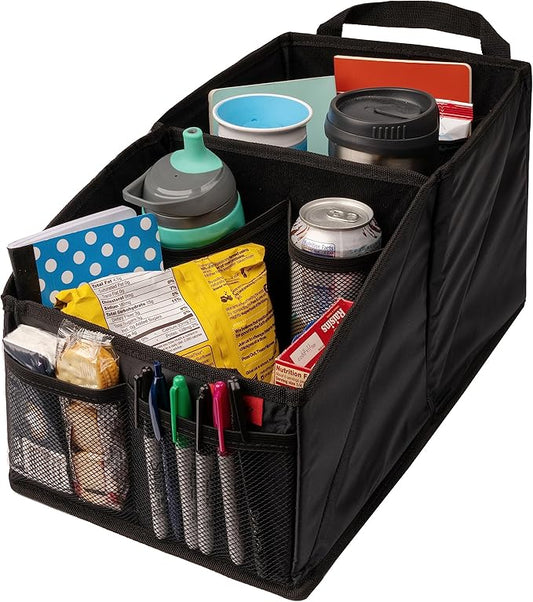 Lusso Gear Car Organizer & Storage Caddy - Black Oxford, 9 Compartments - Backseat Car Organizer with Cup Holders & Mesh Pockets - Road Trip Essentials for Kids