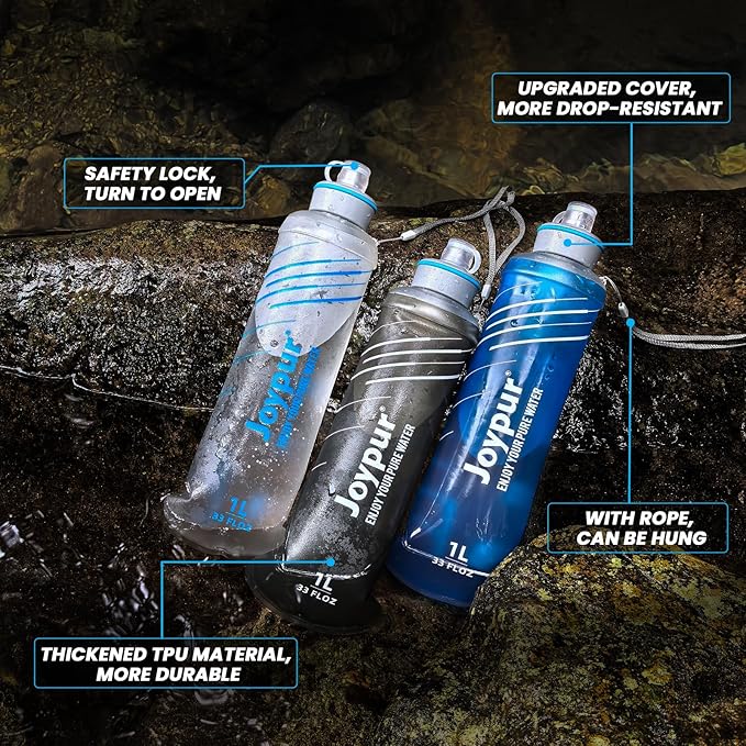 Joypur® Collapsible Squeeze Water Filter Bottle - 650ml with Filter with NSF/FDA Certification Befree or Peak Series replacement for Hiking,Running,Camping,Travel,Cycling,and Fishing; BPA-Free(Blue)