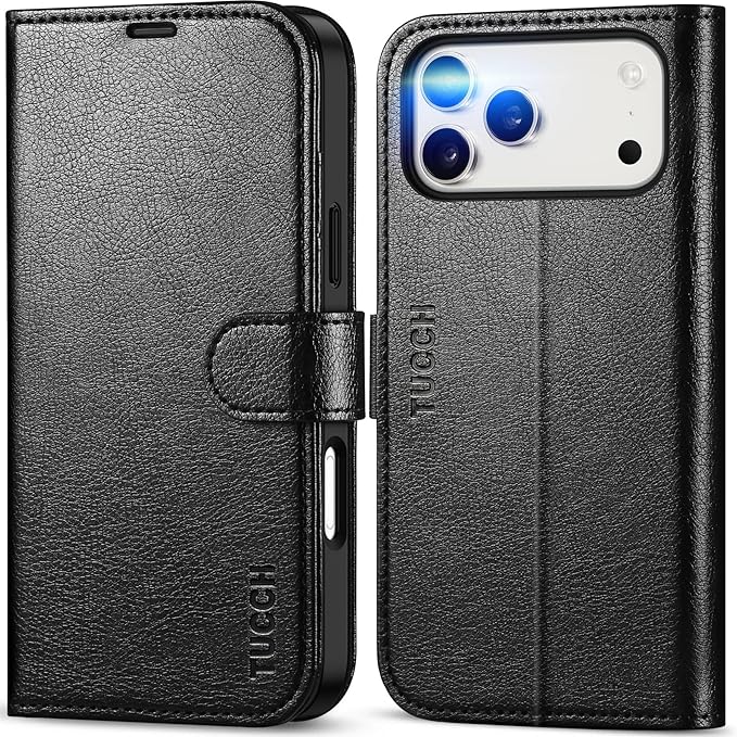 TUCCH Case Wallet for iPhone 17 Pro Max (6.9-Inch) 2025, RFID Blocking 4 Card Slots, Kickstand, Magnetic Closure, PU Leather, Shockproof TPU Shell, Protective Folio Cover, Textured Black